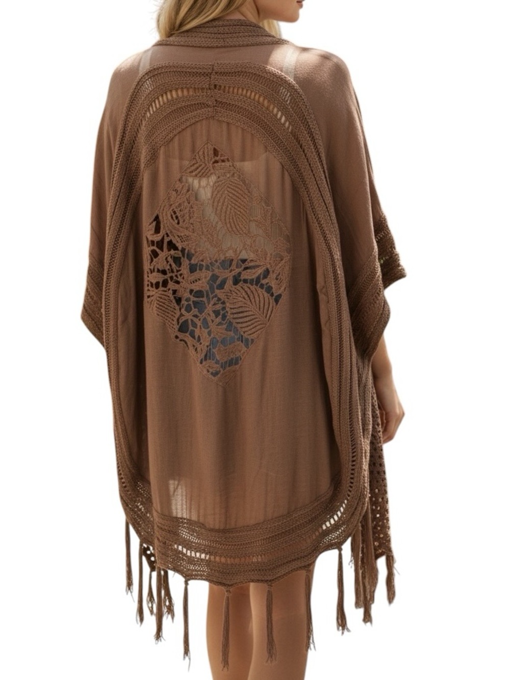658. Women’s Brown Crochet Kimono Cardigan NEW
